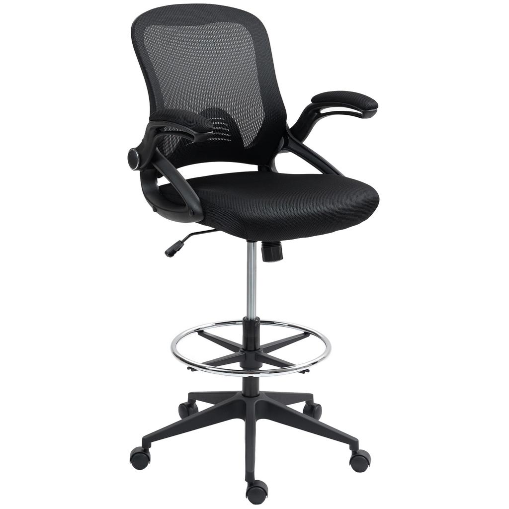 Drafting Chair with Flip-up Armrest, Mesh Office Stool with Foot Ring, 360 Degree Swivel Height Adjustable Chair for Standing Desk, Black