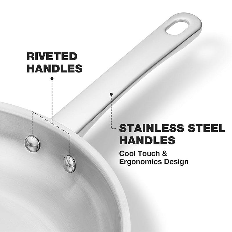 8/10 Inch Tri-Ply Stainless Steel Frying Pan No Coatings Skillet Professional Cooking Skillet Induction Compatible Pan Oven Safe