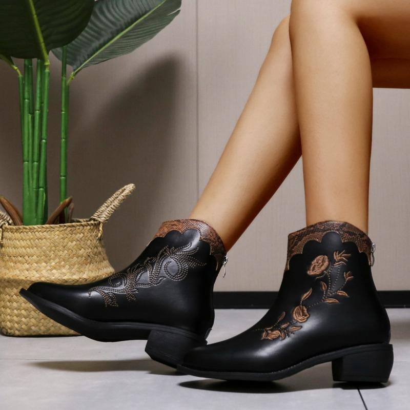 Fashion Women's Thick Heel Cotton Boots New Winter Pointy Back Zipper Embroidery Anti-slip Wear-resistant Short Boots