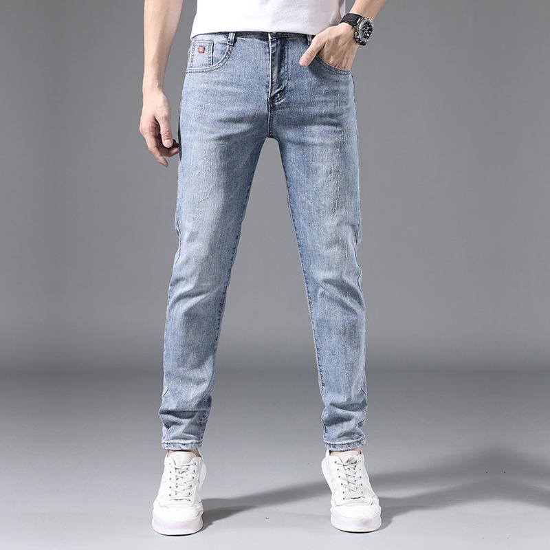 Summer men's jeans slim fit elastic pants for men Korean style trendy youth light-colored trousers