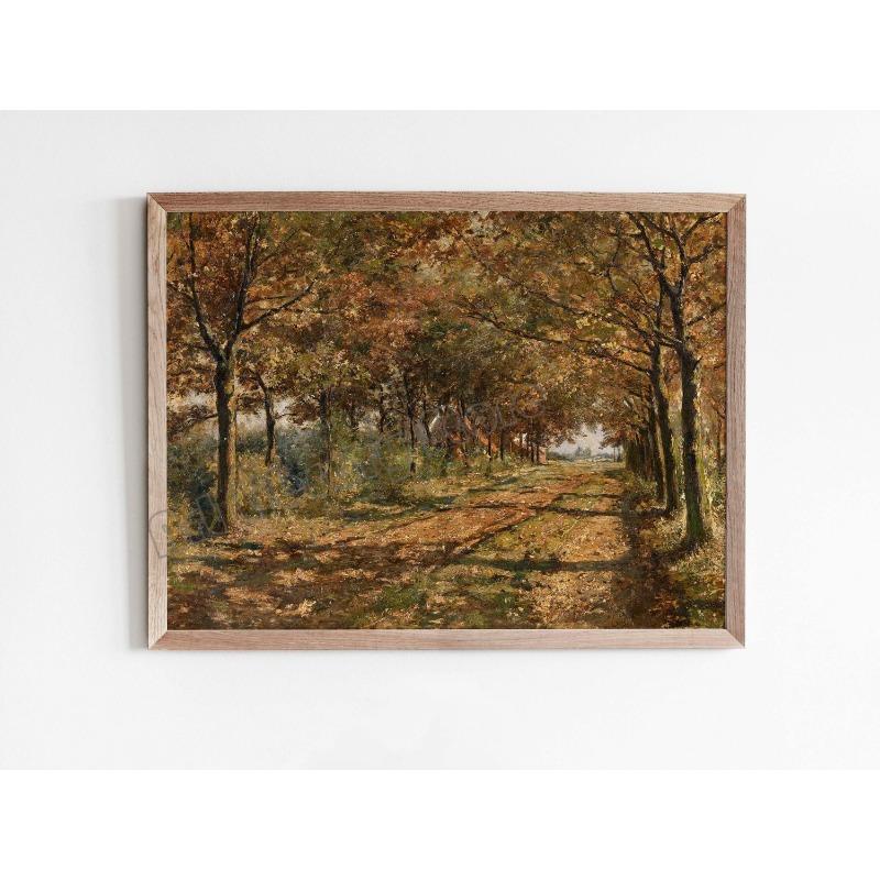 Vintage Warm Tone Autumn Landscape Trees Mid Century Canvas Oil Painting Poster Wall Art Pictures Cozy Home Room Decor