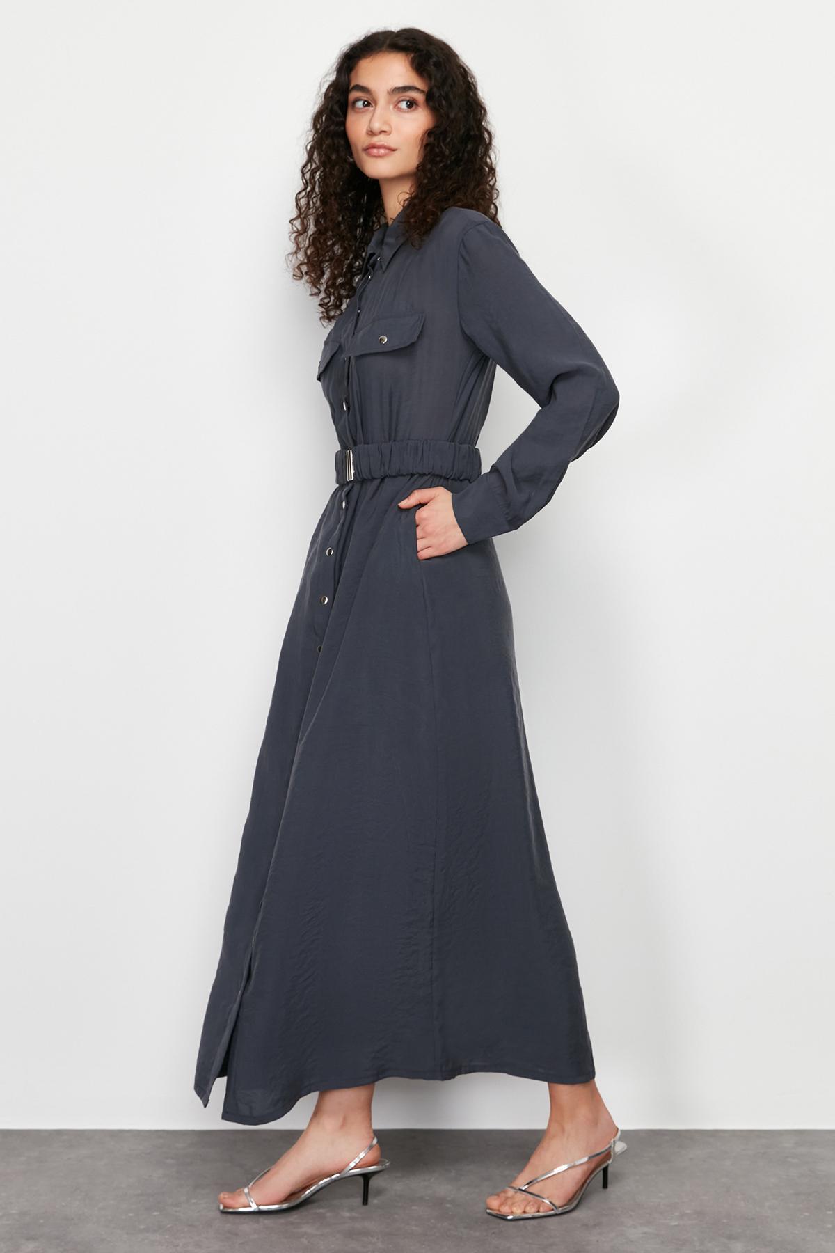 

Women s Fashion New Hijab Dress Anthracite Plain Woven Shirt Dress L темно серый