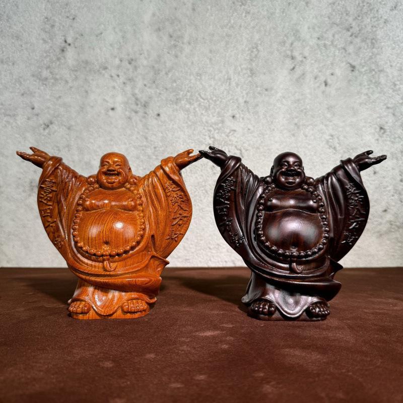 Ebony Maitreya Statue: Solid Wood Carving Welcoming Guests, Embracing Wealth with a Big Belly Laugh