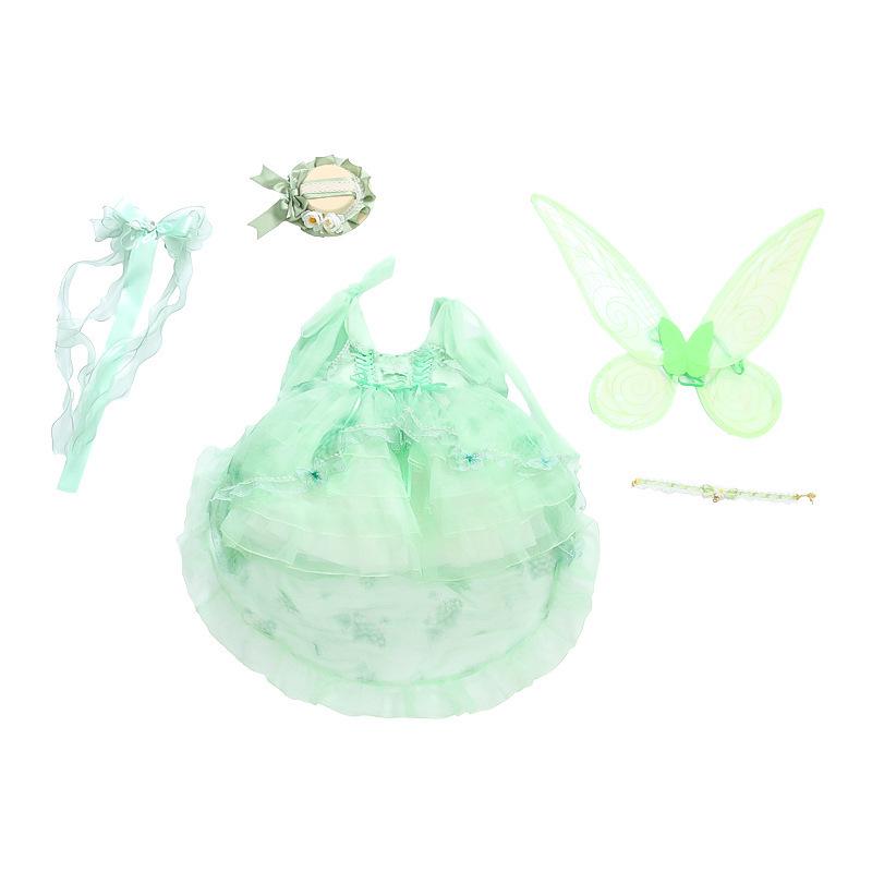 Girls' 2025 Summer Lolita Princess Dress with Stylish Wings - Green Grape Birthday Skirt