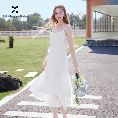 Women's French Style Ruffle Lace V-Neck Spaghetti Strap Dress