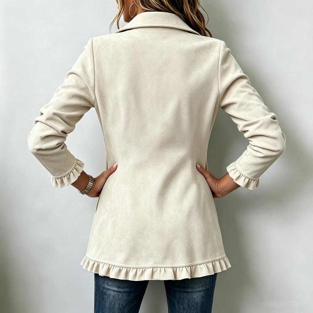 Women's Cropped Jacket Double-Breasted Lapel Collar Ruffle Hem Coat for Casual Wear