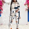 Women Plus Size Round Neck Three Quarter Sleeve Geometric Printed Layered Top Long Pants Two Piece Set