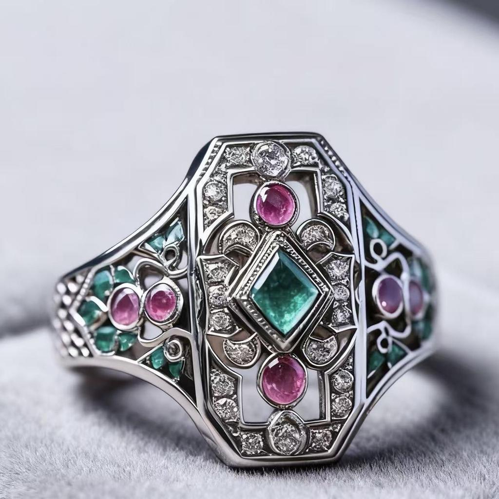 Eco-friendly Alloy Ring with Red & Green Diamonds - 2026 Luxury Court Style