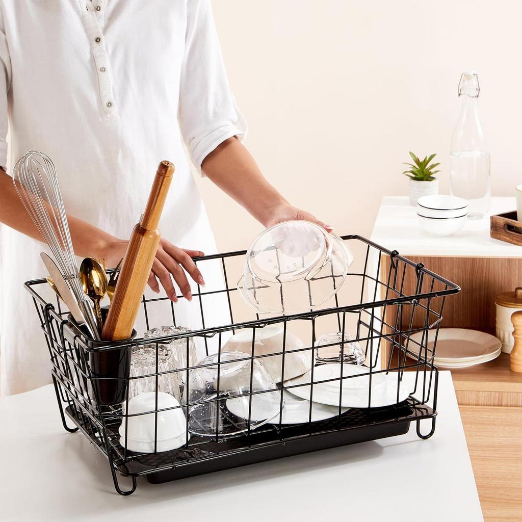Luxuriöser Abtropfständer aus Stahl mit Abtropfschale | 3-teiliger Schneidebrett- und Glas-/Deckelhalter | Küchenkorb zum Trocknen von Utensilien