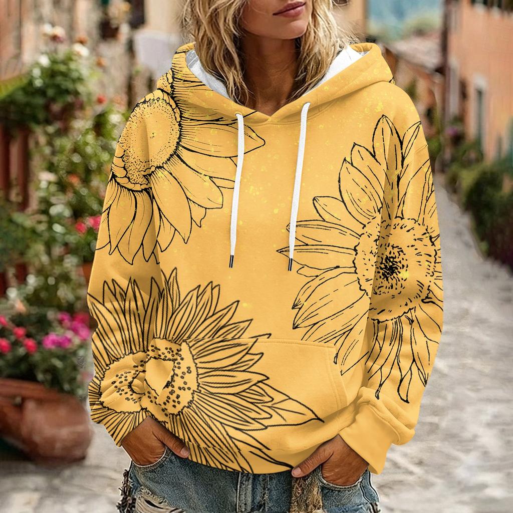 Women's Floral Print Casual Hoodie with Pocket and Long Sleeve Top