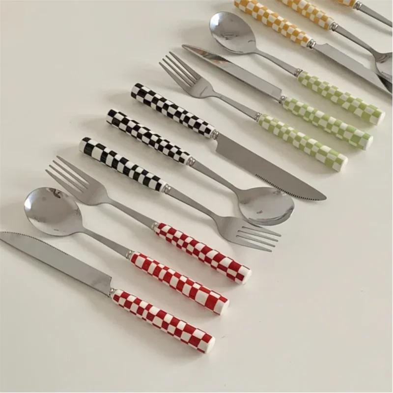 Japanese Korean Checkerboard Knife Fork Spoon Western Dessert Tableware Set Steak Knife Stainless Steel Ceramic Handle Cutlery