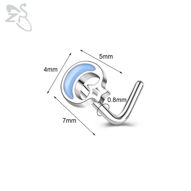 ZS 1 Piece Cute CZ Crystal Nose Stud L-Shape 20g Stainless Steel Nose Piercings Flower Moon Heart Shape Zircon Nostril Piercing