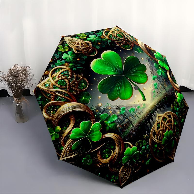 Irish Clover Festival Ornament, Celtic Shamrock Decorative Wall Hanging Umbrella, Cute Umbrella with Cute Design, Portable 3-Fold Compact Umbrella for