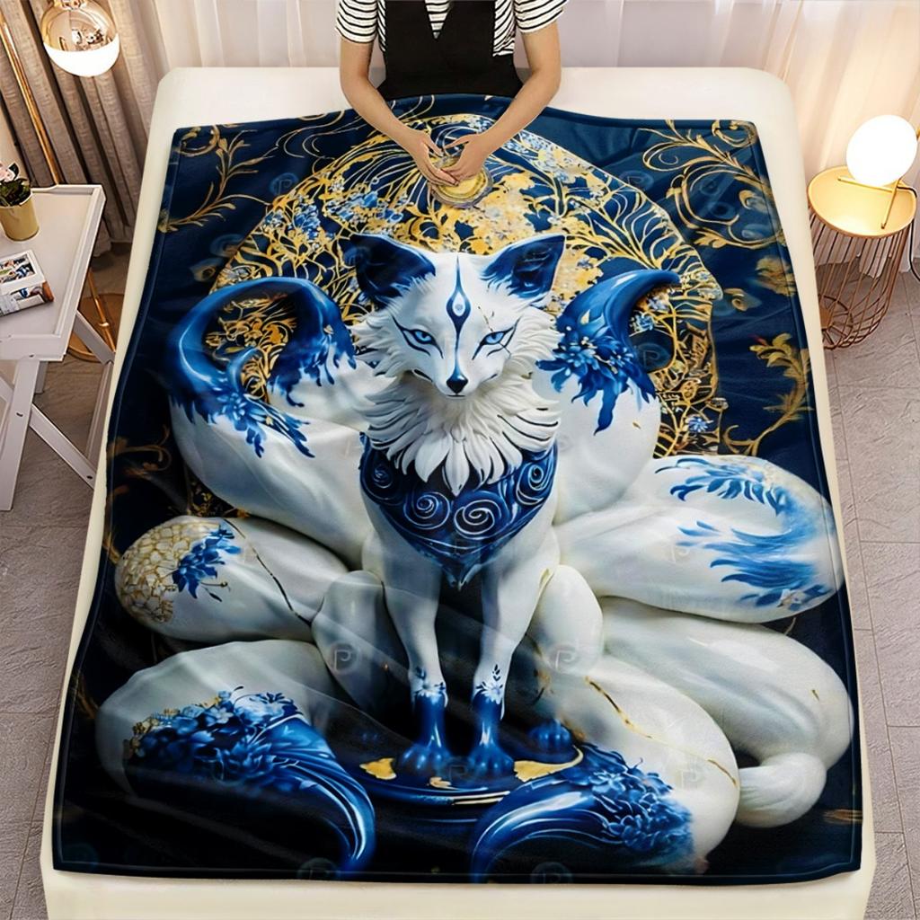 Korean Nine-Tailed Fox Blanket, Mythical Gumiho Flannel Throw, Blue Tail Design Anime Style, All Season Soft for Home Decor