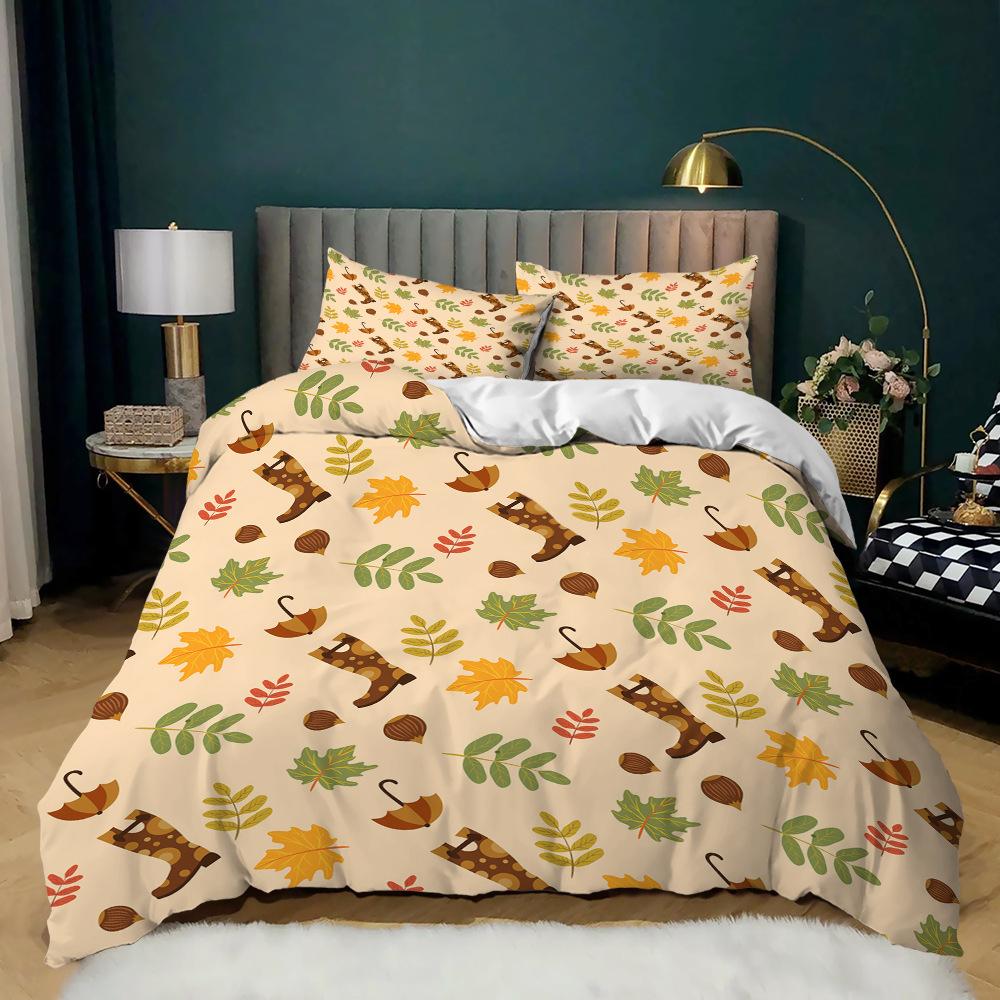 Leaf Flower Print Three-Piece Kit Quilt Cover Small And Fresh