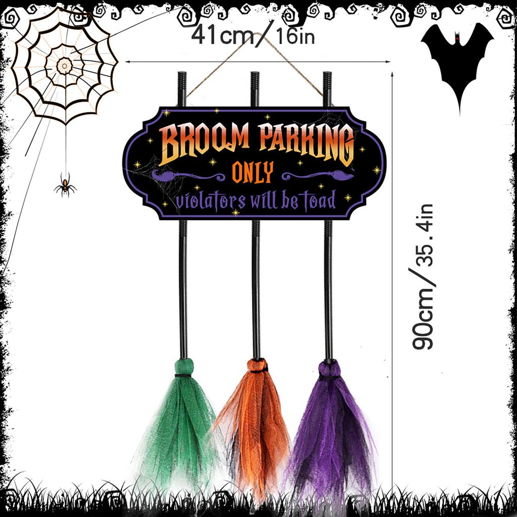 Broom Parking Sign 35.4 IN Wooden Witches Brooms Cute Witches Decoration Sign Spooky Holiday Witch Sign for Front Porch