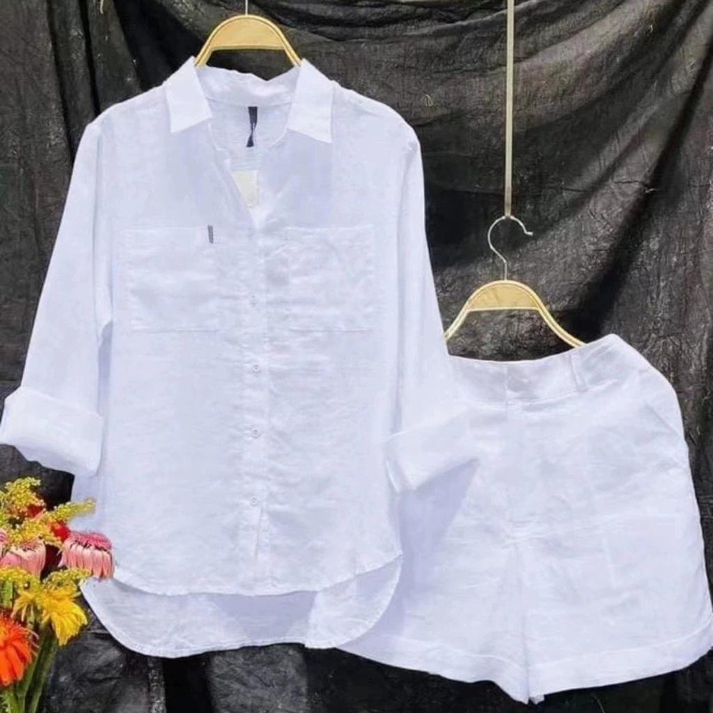 Ensemble deux pièces pour femmes composé d'une chemise décontractée ample à manches longues et à col, et d'un short, parfait pour le printemps et l'été(Commander une taille au-dessus)