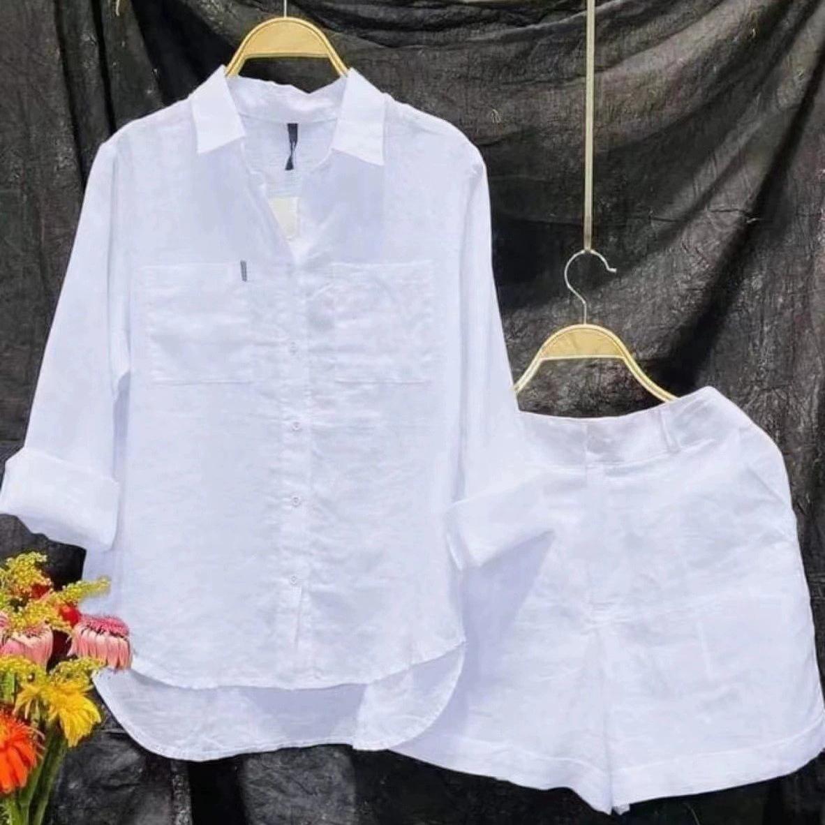 

Женский комплект из двух предметов, состоящий из повседневной свободной рубашки с длинным рукавом и воротником и шорт, идеально подходит для весны и лета(Закажите на размер больше) S белый