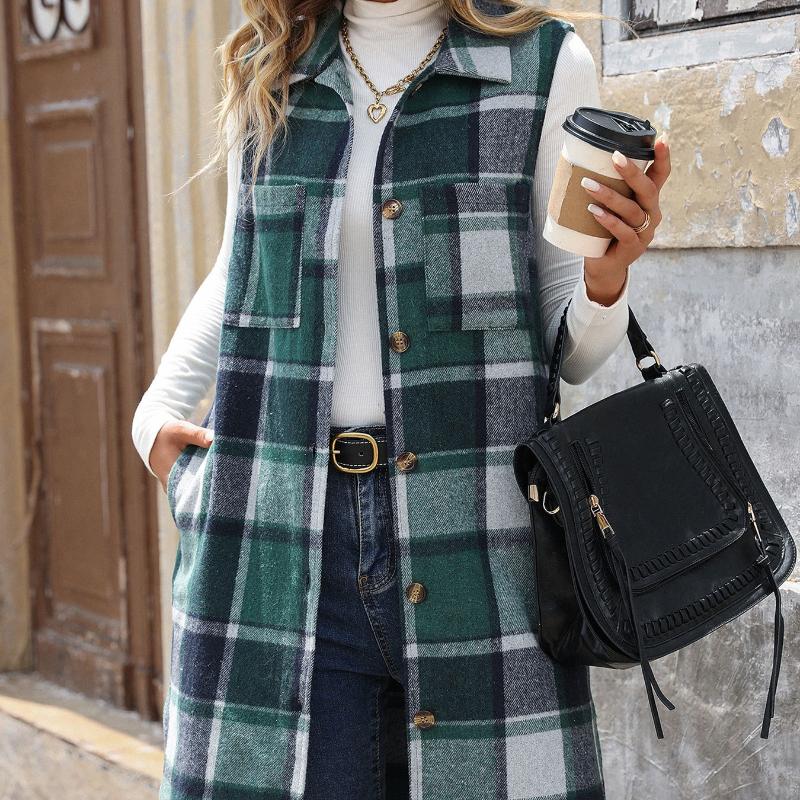 Women's Fashion Trend Vests for Autumn and Winter Contrasting Stripes Checkered Button Up Sleeveless Cardigans