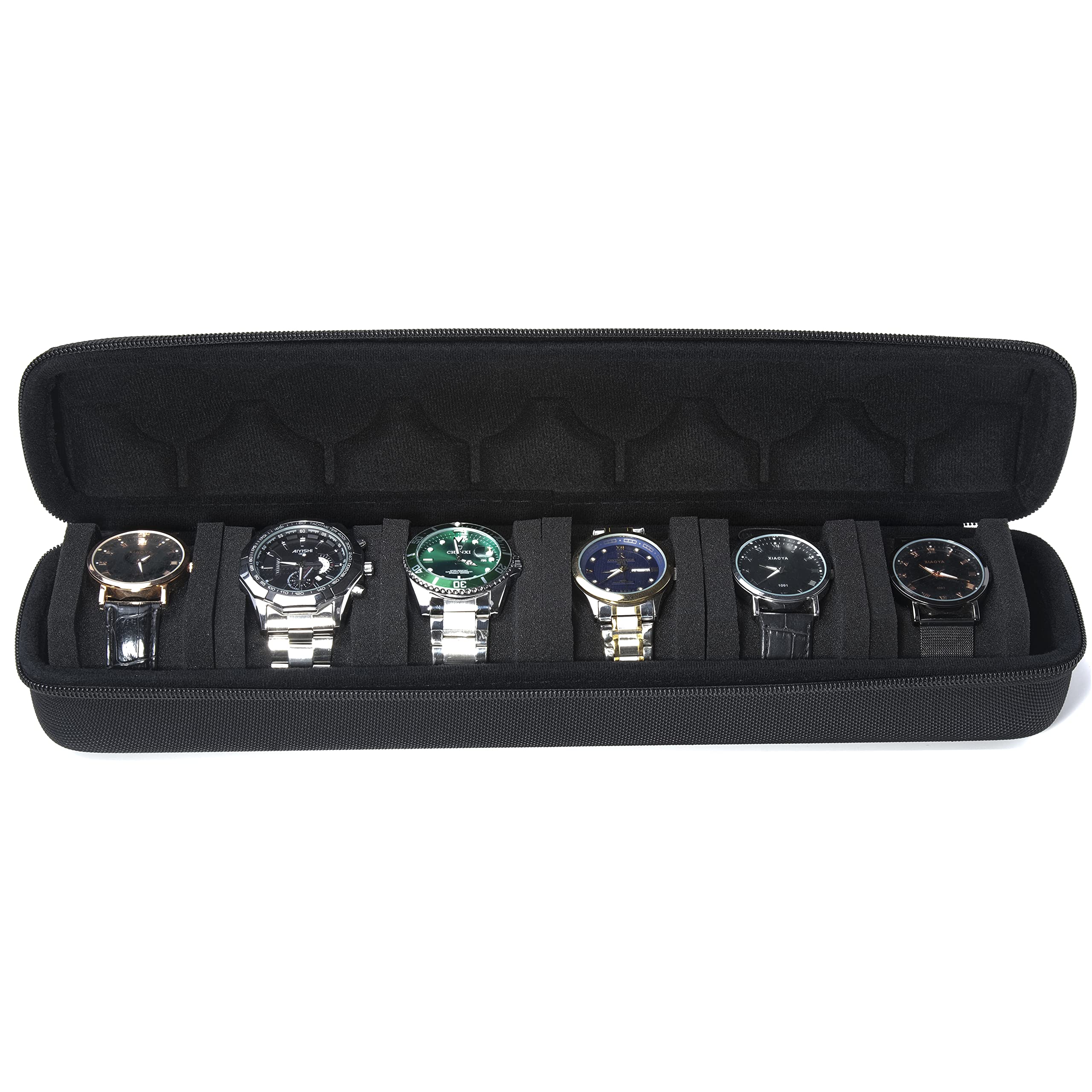 

AUKURA 6 Watch Roll Travel Case, Hard Zipper Case Storage Organizer, Unisex, Non-Moving Watch Pillow (Black 6 Slots)