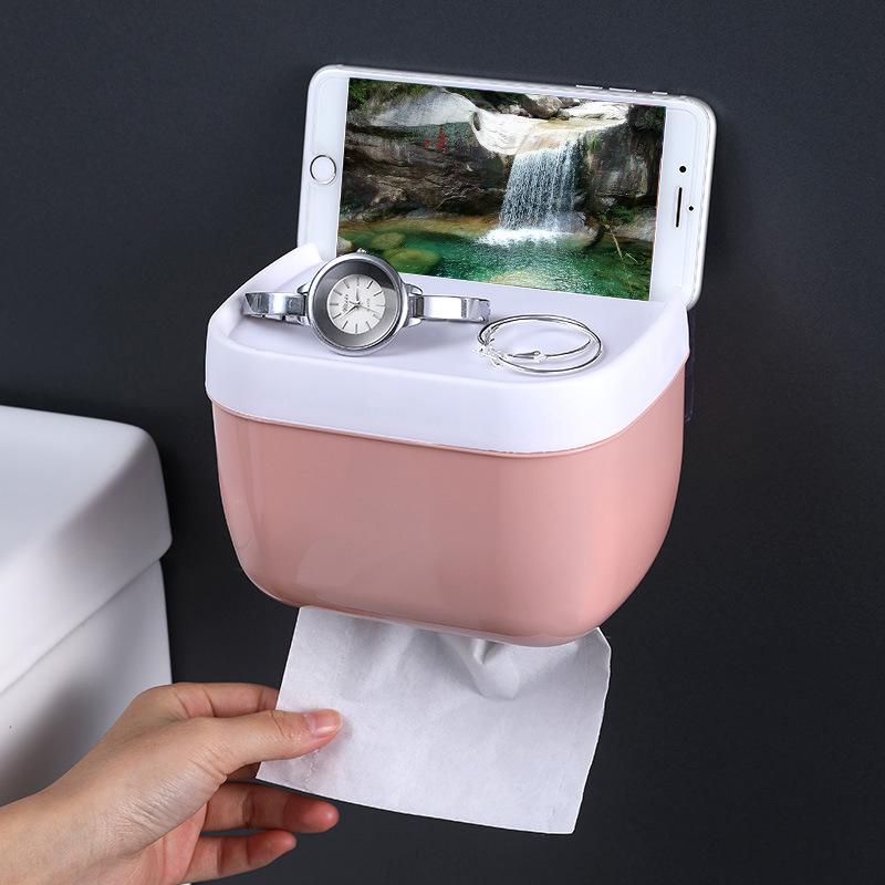 Waterproof Punch-Free Toilet Paper Holder with Storage Rack for Bathroom