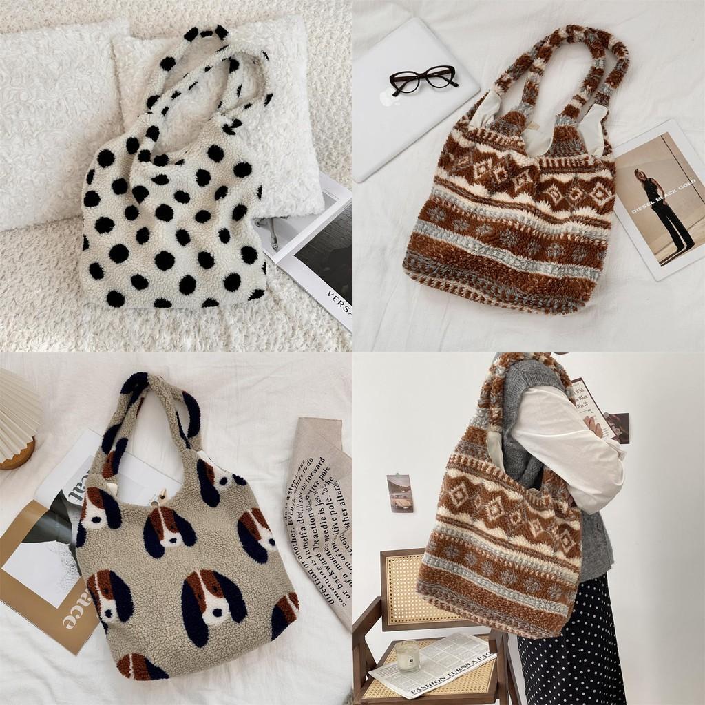 Fashionable Plush Dog Print Shoulder Tote Bag Soft Large Capacity For Everyday Use