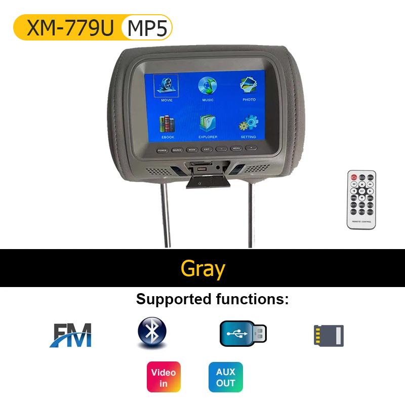 Universal Car Headrest Monitor 7inch LCD Screen Rear Seat Pillow For MP4 MP5 DVD Player Support AV/USB/SD/FM/Headphone/Bluetooth