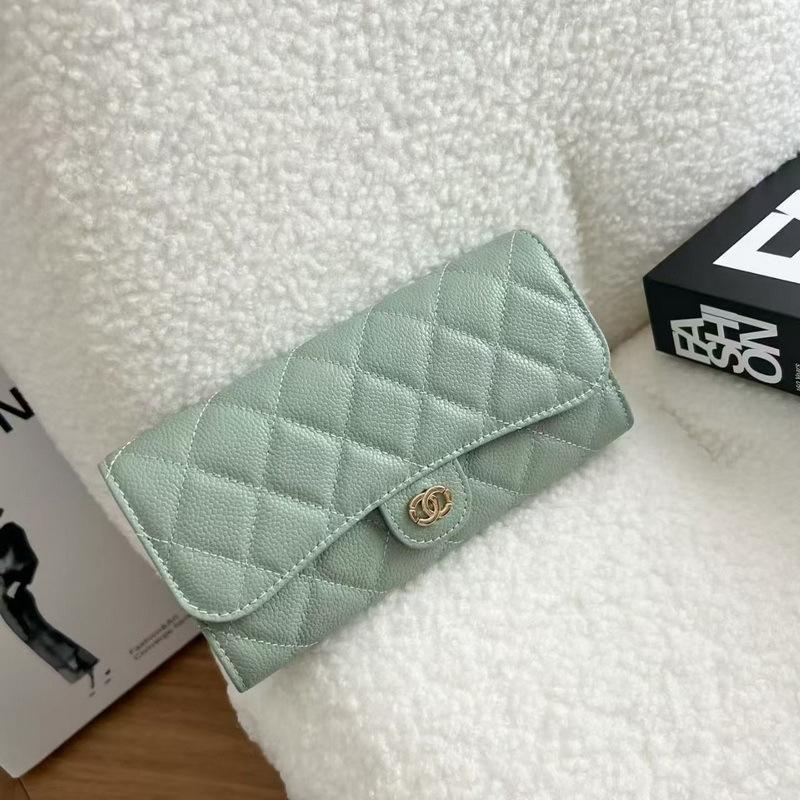 2026 New Caviar Patterned Cowhide Long Three Fold Wallet Hand-held Bag Chain Strap Crossbody Genuine Leather Women's