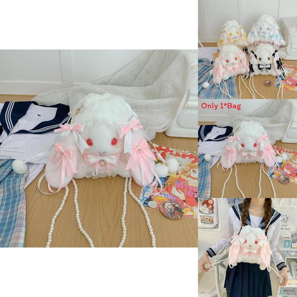 Bow Tie Drawstring Rabbit Plush Backpack With Pearl Chain For Daily Use