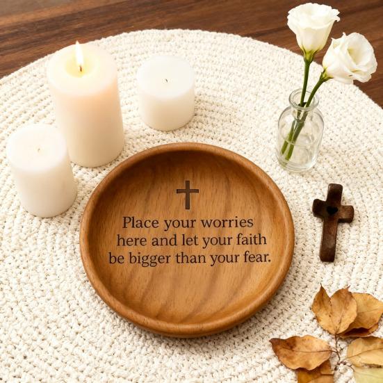 Yousheng Wooden Prayer Bowl Farmhouse Rustic Handcrafted Bible Verses Faith Bowl Round Decorative Scripture Blessing Bowl Religious Christian Gift