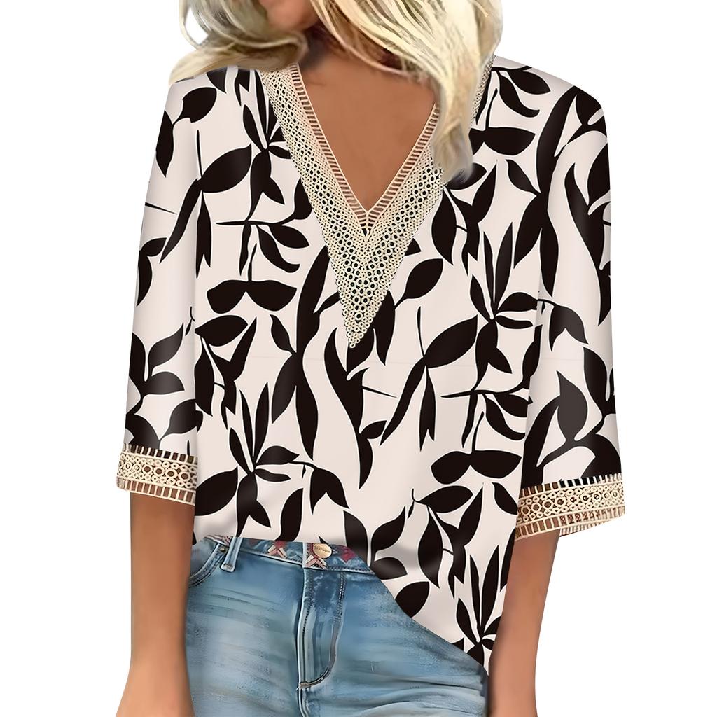 Women's Shirt Blouse Casual Loose Shirts 3/4 Sleeve Lace Trims Print V Neck Tops Print Tops T-shirts Tee