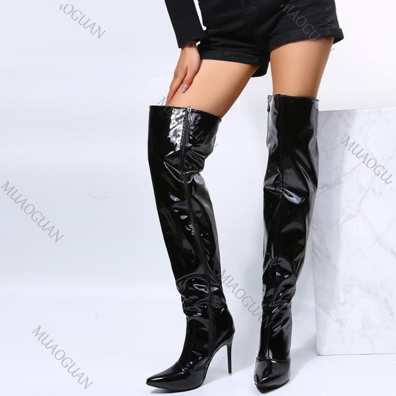 Fashion Women Boots Mirror Pointy Toe Punk High Thin Heels Over The Knee Long Boots Autumn Winter Zip Silver Black Casual Party Shoes