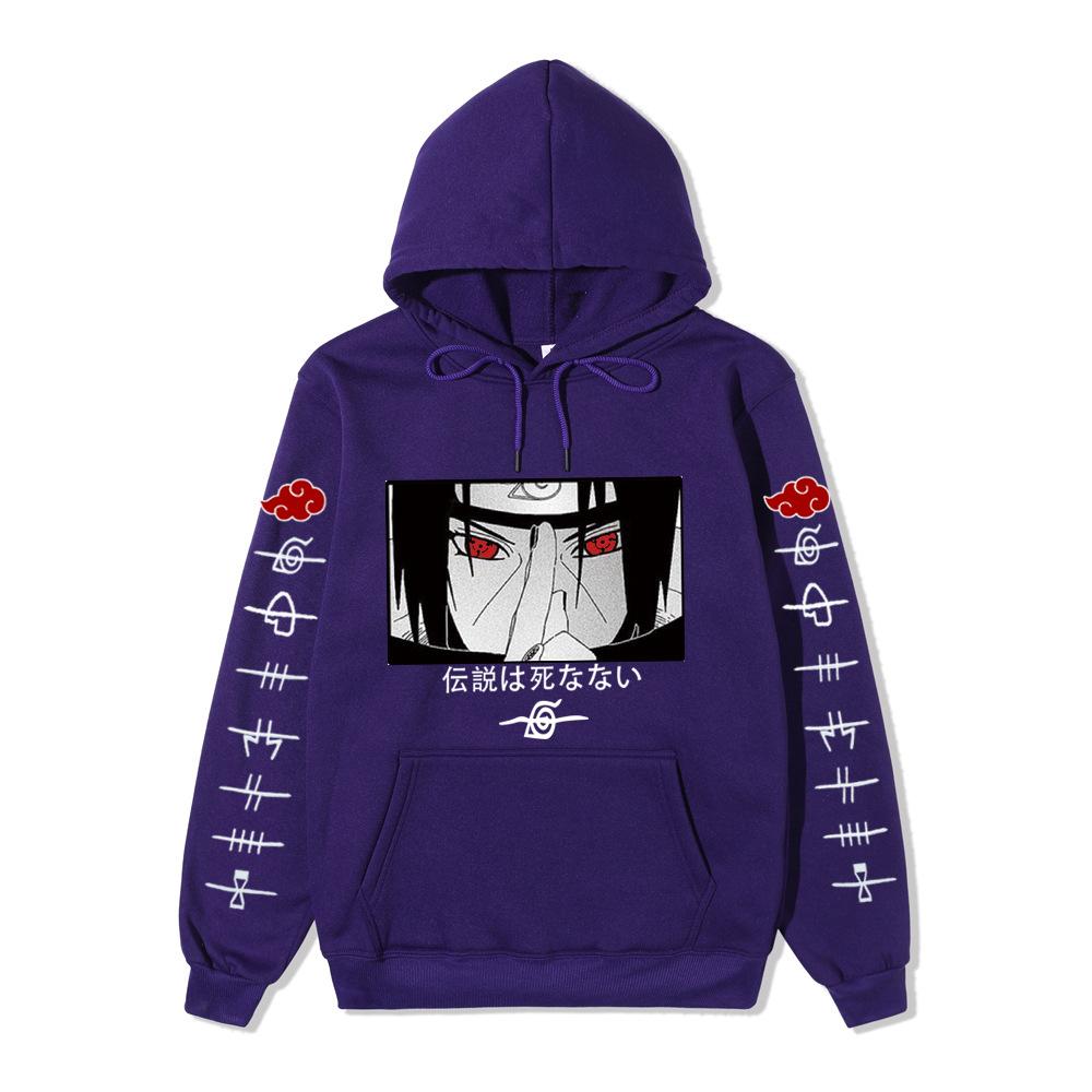 Anime Naruto Itachi Uchiha Hoodie Double Sleeve Akatsuki Cloud & Symbol Print Sharingan Character Front Print Pullover Sweatshirt Men Women Streetwear