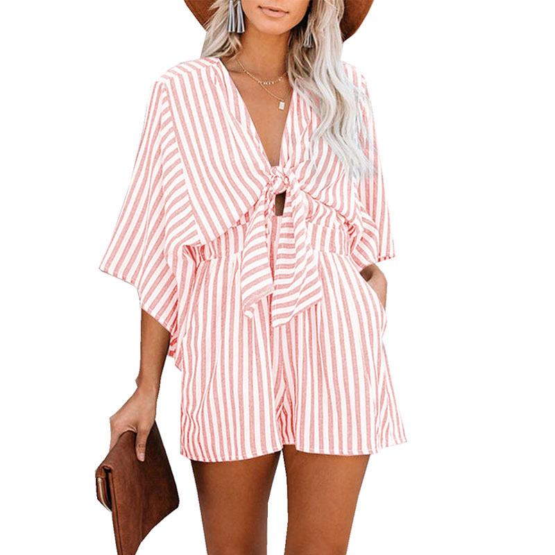 

European Spring/Summer Waist-Cinching Striped Slimming Jumpsuit with Bell Sleeves L