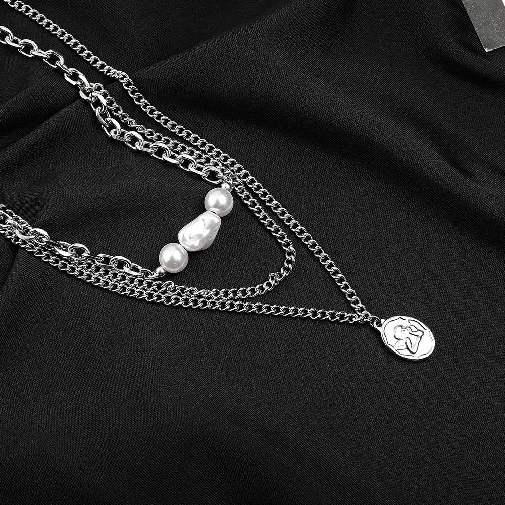 Trendy Titanium Steel Angel Pendant Necklace: Double Layer with Stainless Steel and Pearl for Men & Women