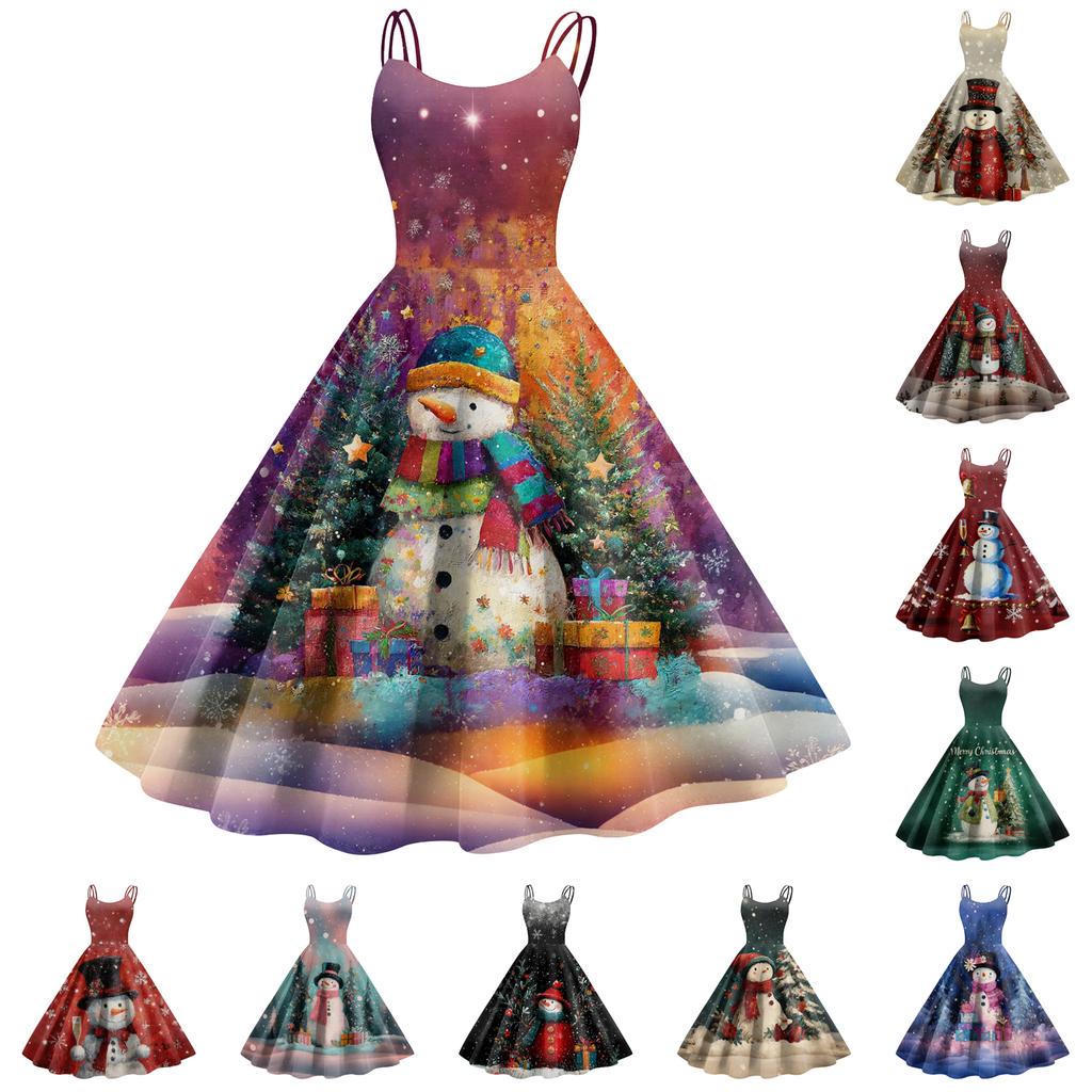 Women's Christmas Print Casual Fashion Round Neck Mid-Length Dress