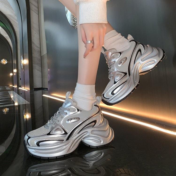 Shining Galaxy~ Silver sneakers women's spring and summer 2024 new trendy design thick-soled heightening dad shoes