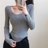 Black Base Shirt Basic Low Cut Long Sleeved Tight Fitting U-neck T-shirt Autumn/winter Women's Top