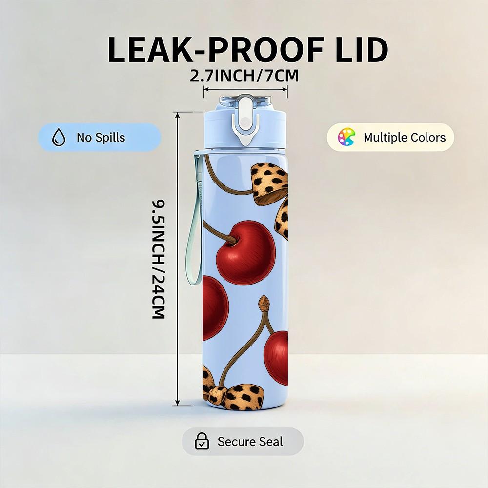 1PC Red Cherry Leopard Bow Layout 750ml Color Plastic Sports Water Bottle Leakproof Flip Straw Lid For Sports Office Home Use