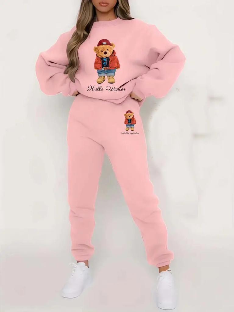 Versatile Cartoon Bear 3D Printing Two-Piece Set Long-Sleeved Sweater Trousers Casual Loose Sweater Set