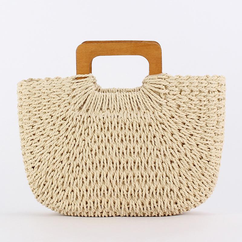 Borsa Intrecciata Casual Fatta a Mano con Manico in Legno - Grande Capacità per Spiaggia Estiva e Viaggi