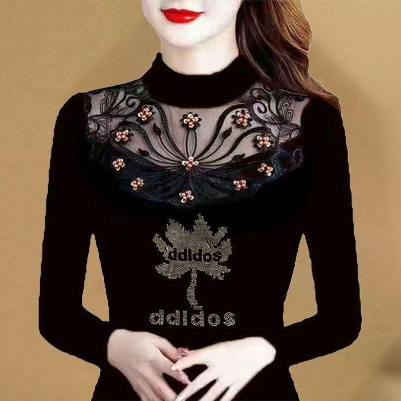 Vintage Women Fleece Diamonds Black Slim T-Shirt Autumn Winter Patchwork Lace Hollow Out Half High Neck Casual Long Sleeve Tops