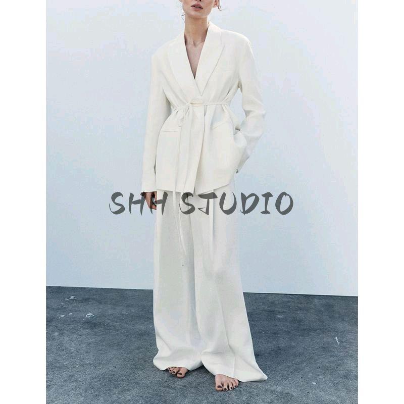 Spring New Women's Clothing White Pleated Casual Pants 2420586 Linen Blend Suit Outwear 2464586