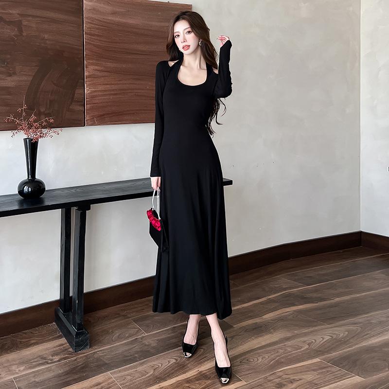 French Black Pure Desire Halterneck Long Sleeve Slim Fit Dress - Autumn/Winter Custom Design L