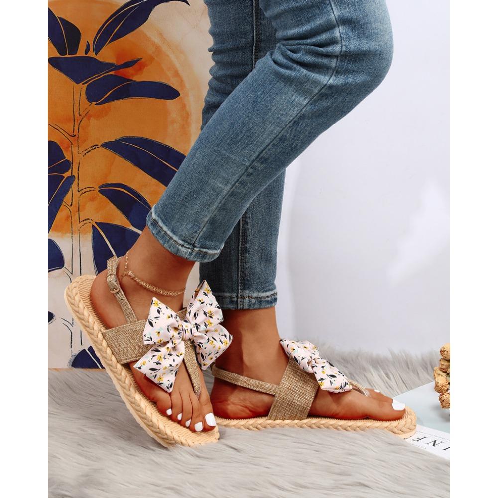 Summer Flip Flops Women'S Sandals Bohemian Style Hemp Bottom Clip Foot Fashionable Room Pink Hanging Bead Bow Trendy Sandals