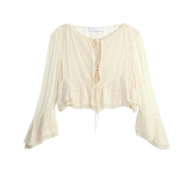 Spring and Summer New Women's Clothing French Style Casual round Neck Loose Bell Sleeve Shirt A- line Tops