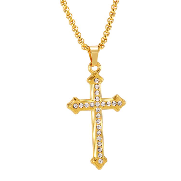 Gold-Plated Cross Pendant Necklace with Inlaid Diamonds - Fashionable, Non-Fading Sweater Chain Gift for Men