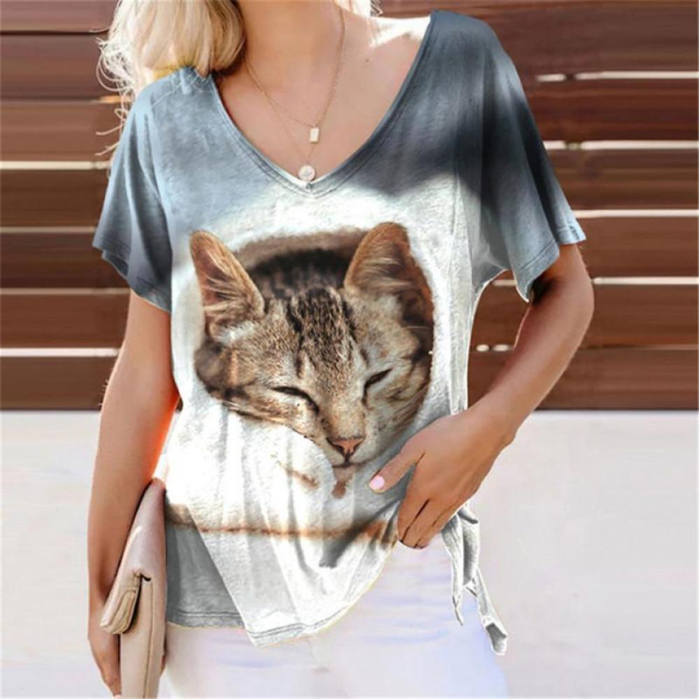 Summer Lovely Cat 3D Print T-Shirts Women Casual V-Neck Short Sleeve T Shirt Y2k Harajuku Animal Tees Loose Tops Female Clothing