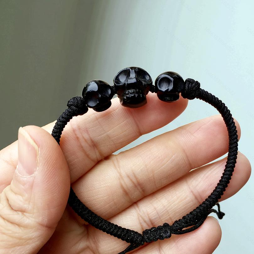 Hand-Woven Blue Tiger Eye & Obsidian Skull Energy Bracelet Skull Beads 10-13mm