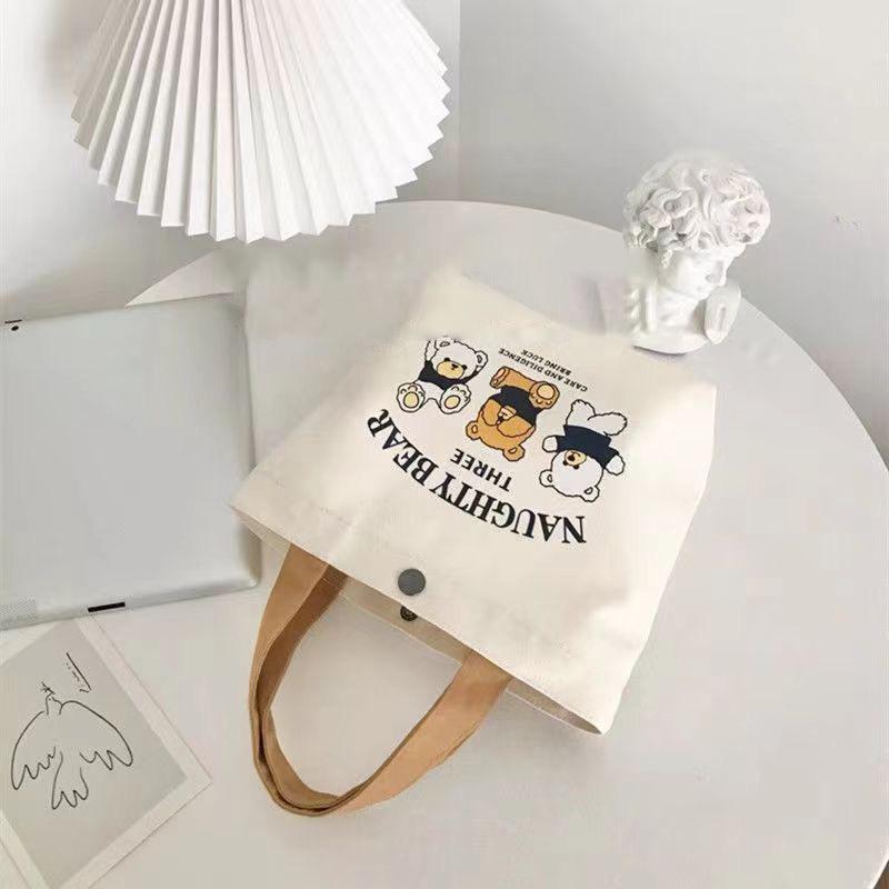 Cute Bear Small Versatile Handbag Mini Canvas Bag Female Student Lunch Box Bag Simple Tote Bag Office Worker Lunch Bag